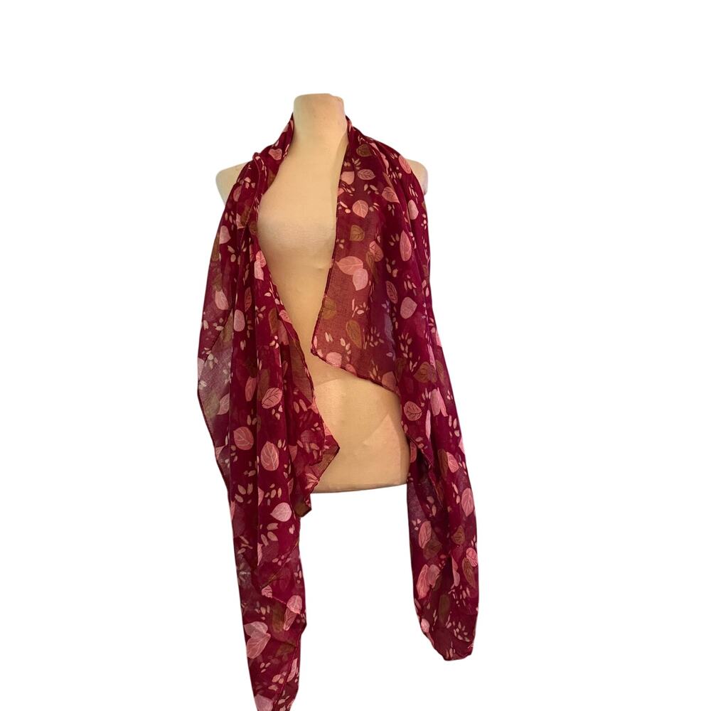 Burgundy Sheer Leaf Print Scarf Lightweight Fall Fashion Wrap
70"x 32"